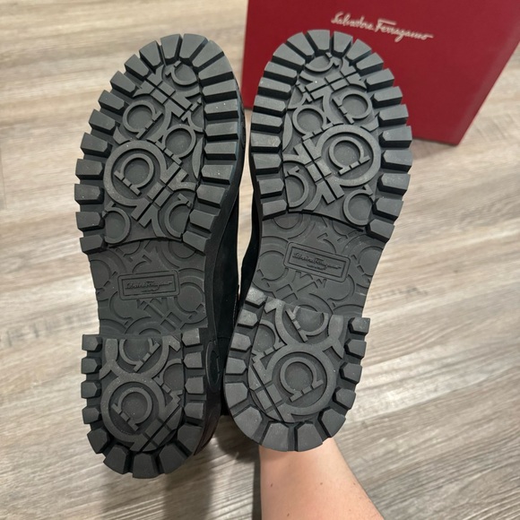 Salvatore Ferragamo Varsi Gancini Logo Chelsea Black Suede Leather Combat Boots - Picture 10 of 13